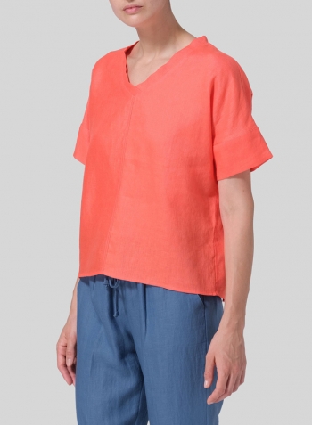 Coral Pink Linen Sloped Shoulder Wide Boxy V-neck Cropped Top