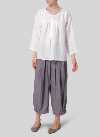 Soft White Linen Loose Fit Roll-Tab Sleeve Pleated Blouse Set