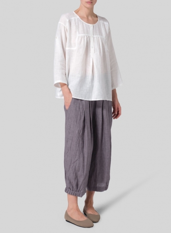Soft White Linen Loose Fit Roll-Tab Sleeve Pleated Blouse Set