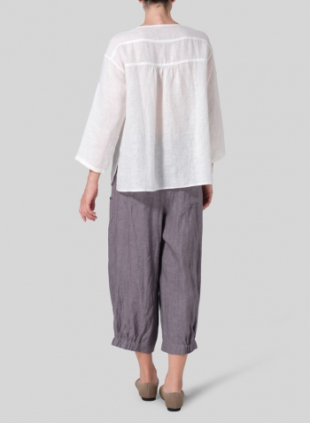 Soft White Linen Loose Fit Roll-Tab Sleeve Pleated Blouse Set