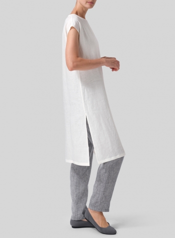 Off White Linen Short Cap Sleeves A-Line Long Top