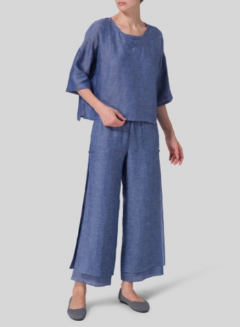 Azure Blue Linen Dropped Shoulder Handmade Knot Button Top