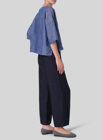 Azure Blue Linen Dropped Shoulder Handmade Knot Button Top