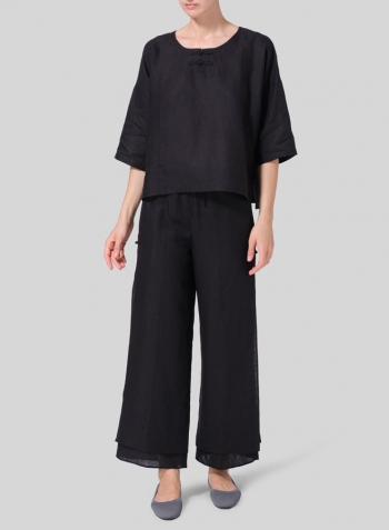 Black Linen Dropped Shoulder Handmade Knot Button Top