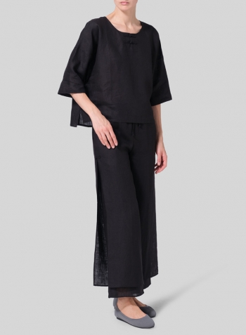 Black Linen Dropped Shoulder Handmade Knot Button Top