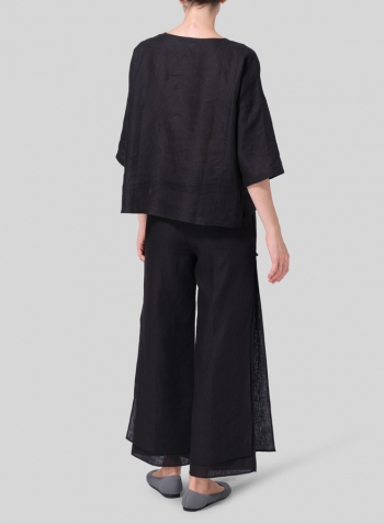 Black Linen Dropped Shoulder Handmade Knot Button Top