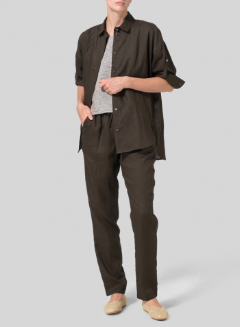Dark Olive Linen Classic Collar Hidden Button Straight Top