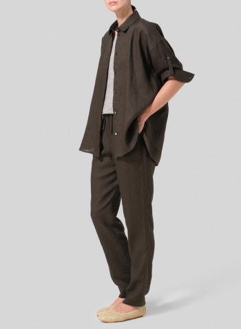 Dark Olive Linen Classic Collar Hidden Button Straight Top