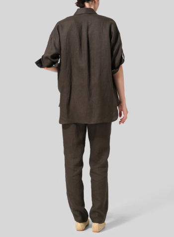 Dark Olive Linen Classic Collar Hidden Button Straight Top
