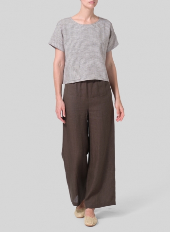 Khaki Stripe Linen Sloped Shoulder Boxy Short Top