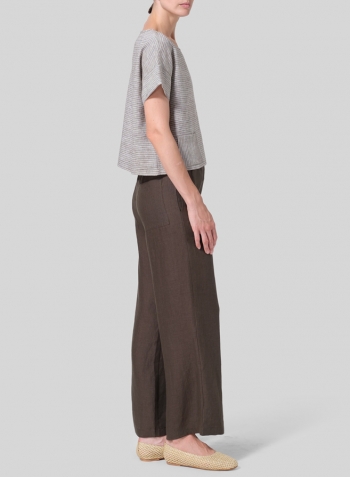 Khaki Stripe Linen Sloped Shoulder Boxy Short Top