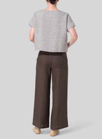 Khaki Stripe Linen Sloped Shoulder Boxy Short Top