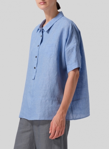 Light Blue Linen Short Sleeve Boxy Shirt