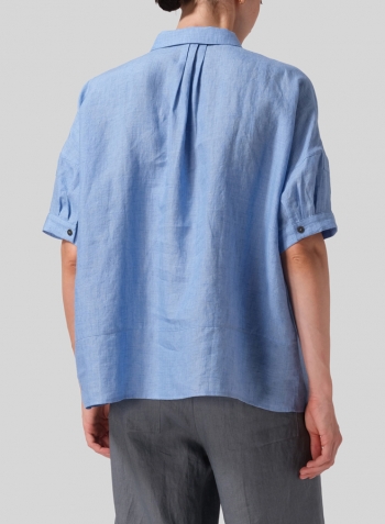 Light Blue Linen Short Sleeve Boxy Shirt