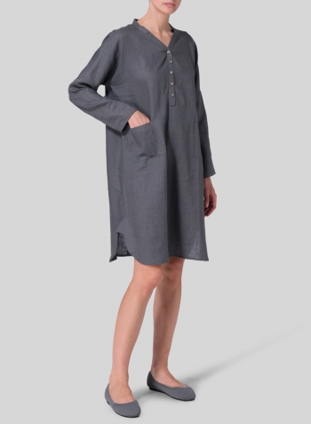 Dark Gray Linen Loose Fit V-Neck Tunic Dress