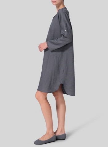 Dark Gray Linen Loose Fit V-Neck Tunic Dress