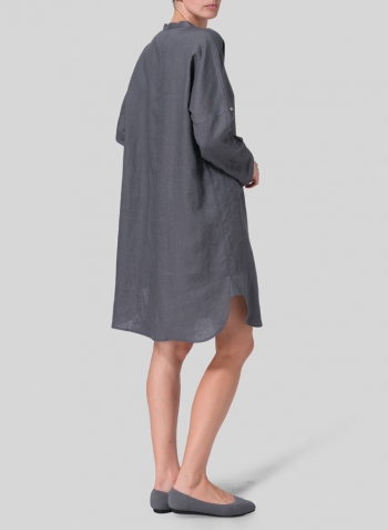 Dark Gray Linen Loose Fit V-Neck Tunic Dress
