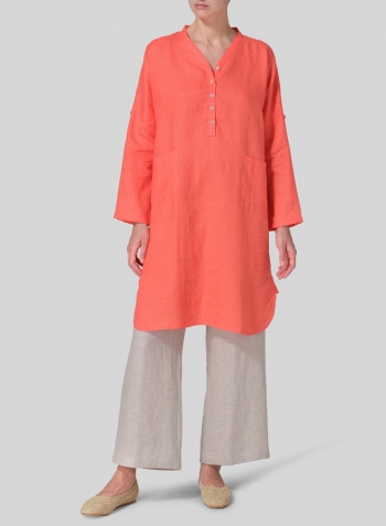 Coral Pink Linen Loose Fit V-Neck Tunic Dress Set