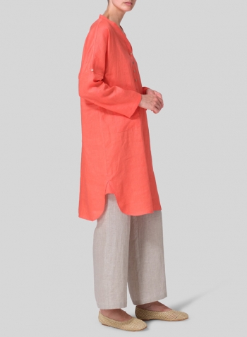 Coral Pink Linen Loose Fit V-Neck Tunic Dress Set
