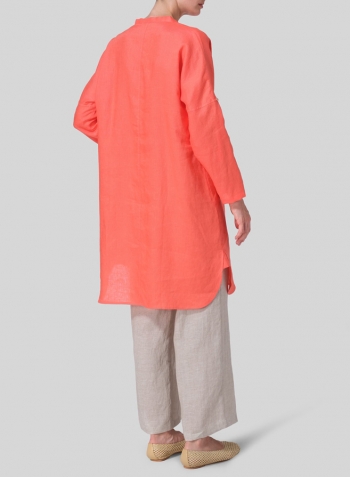 Coral Pink Linen Loose Fit V-Neck Tunic Dress Set