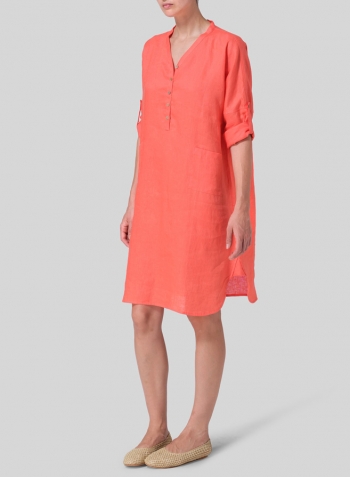 Coral Pink Linen Loose Fit V-Neck Tunic Dress
