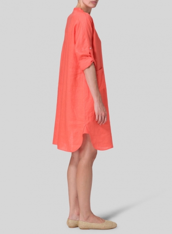 Coral Pink Linen Loose Fit V-Neck Tunic Dress