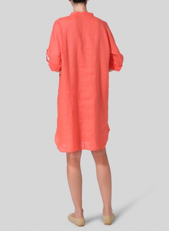 Coral Pink Linen Loose Fit V-Neck Tunic Dress