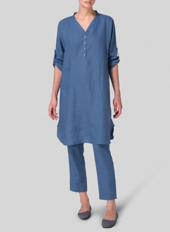Steel Blue Linen Loose Fit V-Neck Tunic Dress Set