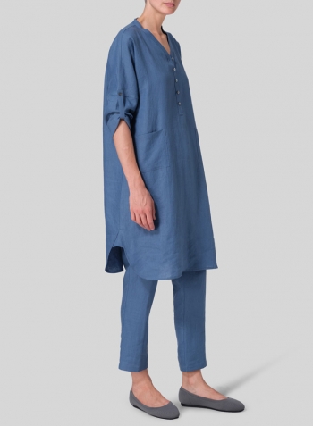 Steel Blue Linen Loose Fit V-Neck Tunic Dress Set