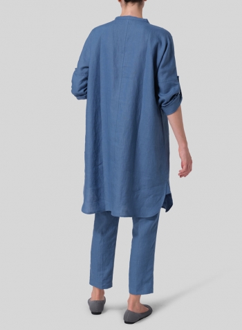 Steel Blue Linen Loose Fit V-Neck Tunic Dress Set