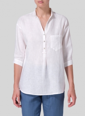 Soft White Linen Blouse With V-neck Mandarin Collar