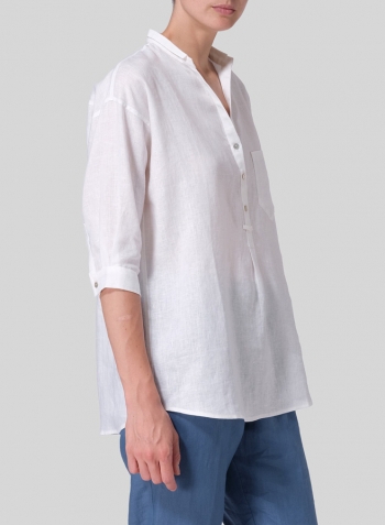 Soft White Linen Blouse With V-neck Mandarin Collar