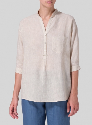 Oat Linen Blouse With V-neck Mandarin Collar