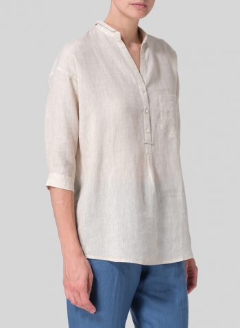 Oat Linen Blouse With V-neck Mandarin Collar