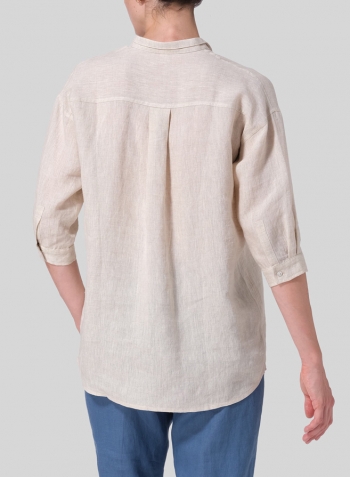 Oat Linen Blouse With V-neck Mandarin Collar