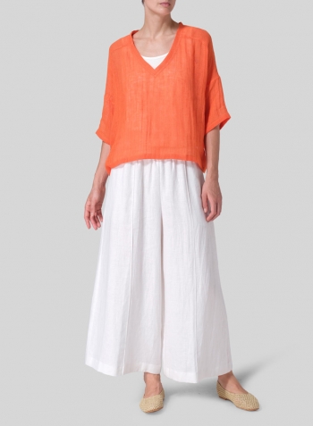 Orange Woven Linen Deep V-neck Top