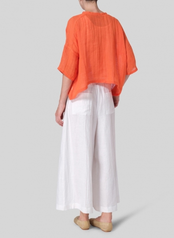 Orange Woven Linen Deep V-neck Top