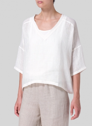 Soft White Woven Linen Deep V-neck Top