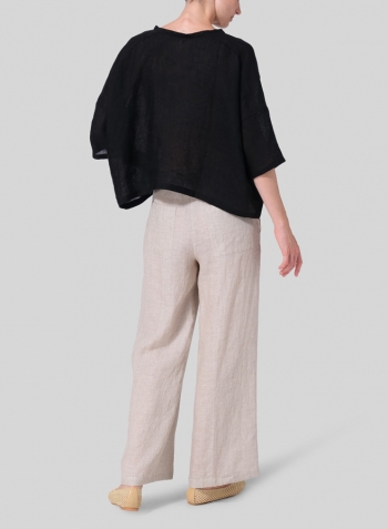 Black Woven Linen Deep V-neck Top