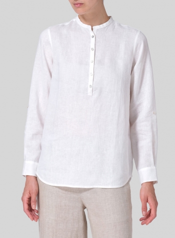 White Linen Mandarin Collar Shirt