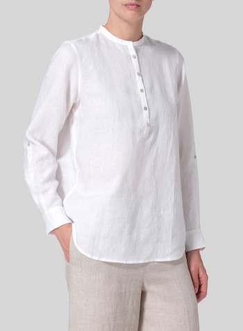 White Linen Mandarin Collar Shirt