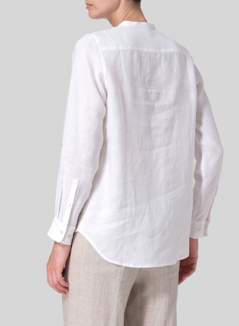 White Linen Mandarin Collar Shirt