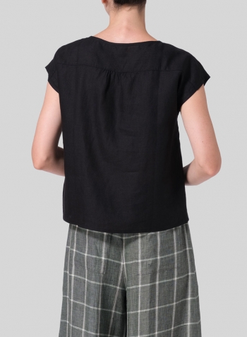 Black Linen Cap-sleeve Pullover Top