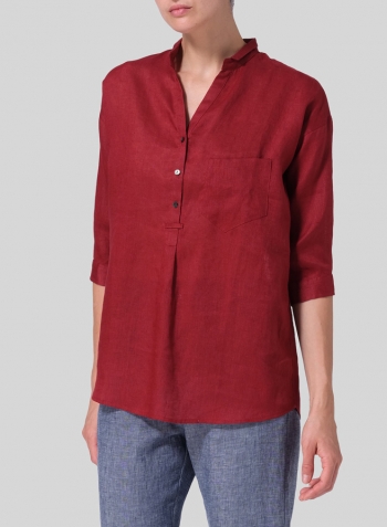 Dull Red Linen Blouse With V-neck Mandarin Collar