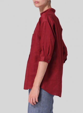 Dull Red Linen Blouse With V-neck Mandarin Collar