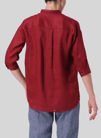 Dull Red Linen Blouse With V-neck Mandarin Collar