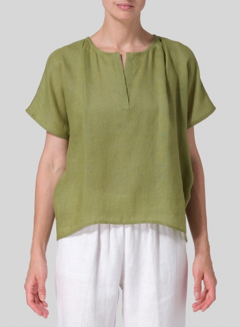 Middle Olive Green Linen Pleated Back Blouse
