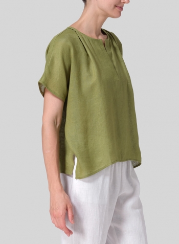 Middle Olive Green Linen Pleated Back Blouse