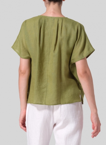 Middle Olive Green Linen Pleated Back Blouse