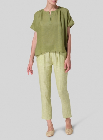 Middle Olive Green Linen Pleated Back Blouse Set
